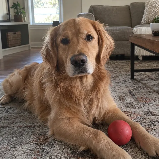 Nano Banana Pro result: Ball beside the right paw rather than in front; framing and dog kept.