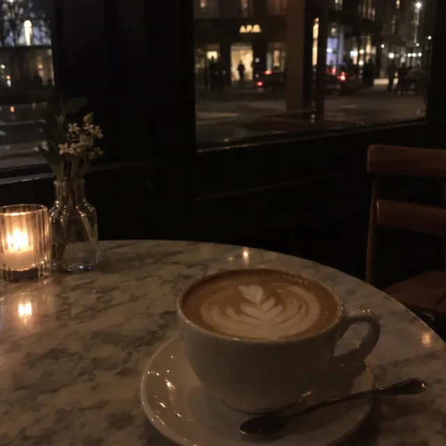 Dim, soft smartphone photo of a cappuccino with latte art on a marble café table by a window in the evening