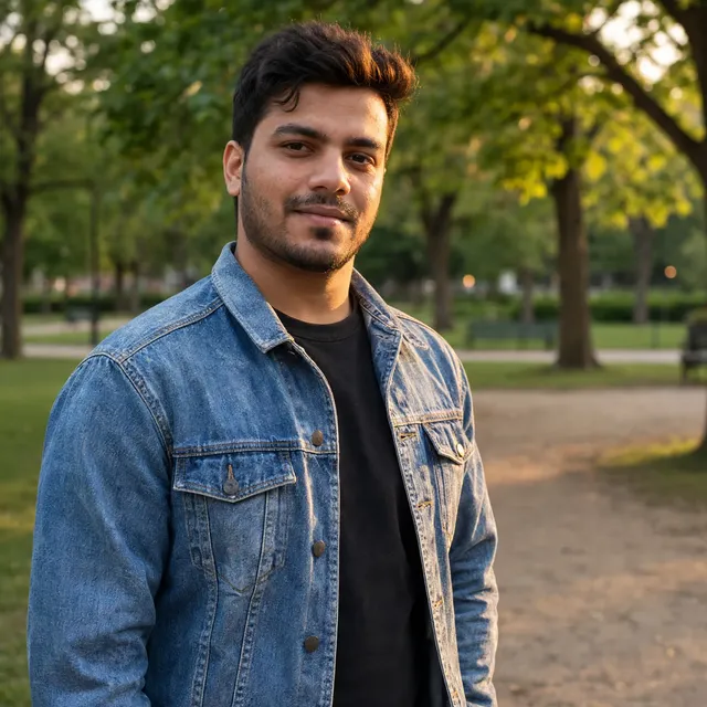 The same man edited by Muse Image into a green park with warmer light on him