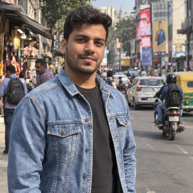 Synthetic smartphone portrait of a man in a denim jacket on a busy street with people, signs and traffic behind him
