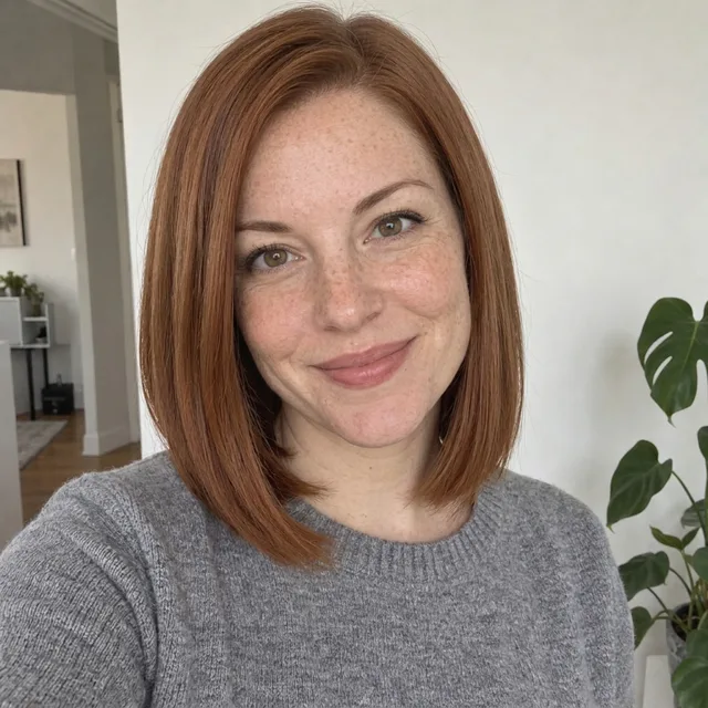 The same woman with a sleek blunt bob ending at the neck