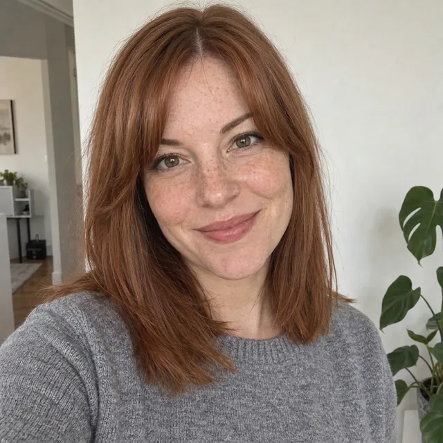 The same woman with centre-parted curtain bangs and the same length
