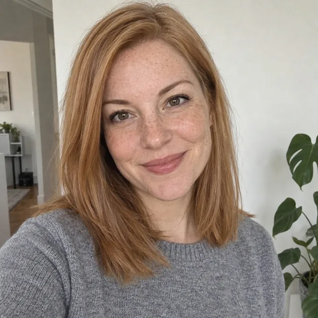 The same woman with warm strawberry-blonde hair in the same cut