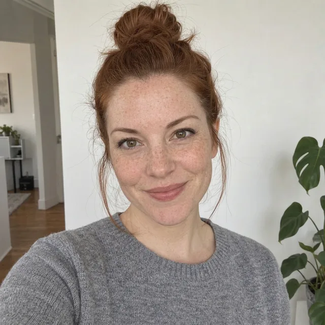 The same woman with her hair in a messy top bun and loose strands framing her face