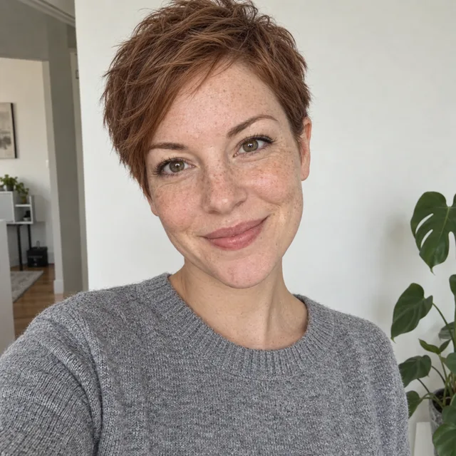 The same woman with a pixie cut and a longer swept fringe, framed slightly closer