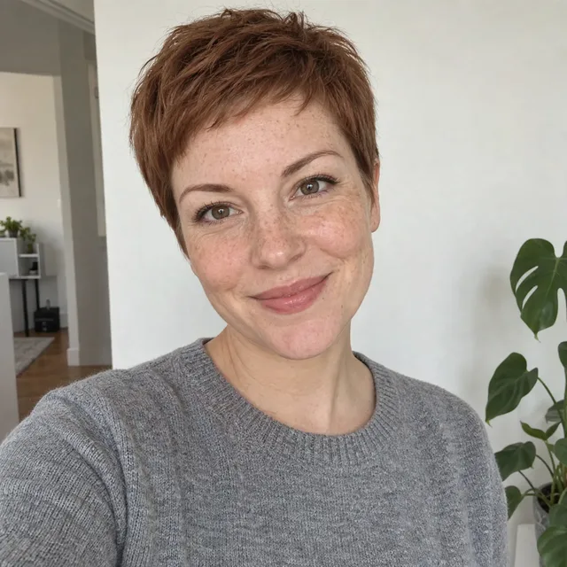 The same woman with a neat short pixie cut