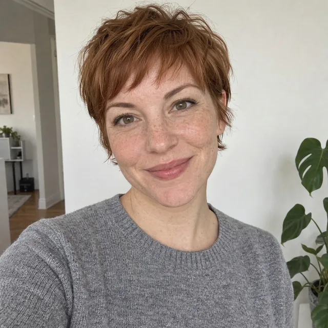 The same woman with a short textured auburn pixie cut