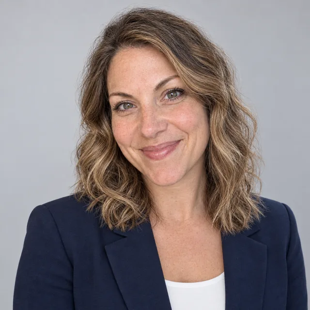 The same woman in a navy blazer on grey, freckles and lines visible