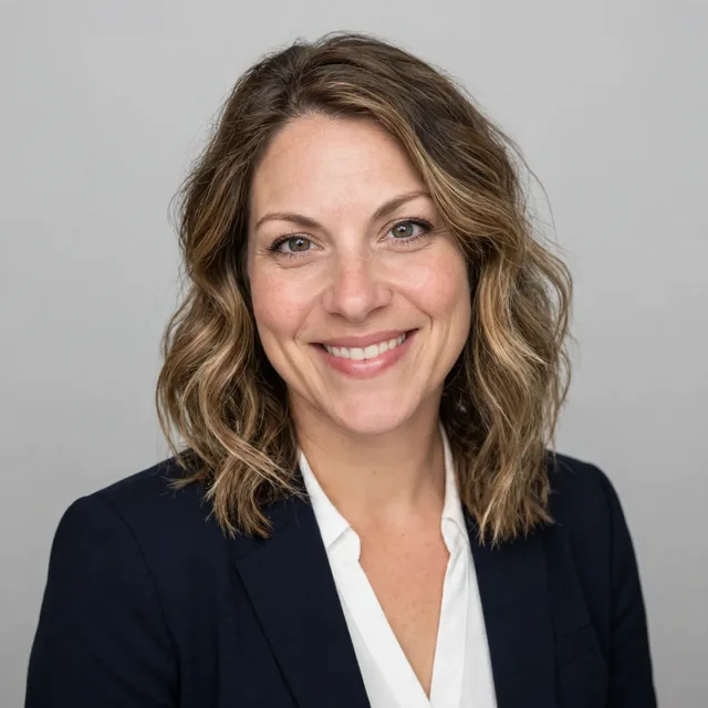 The same woman in a navy blazer on grey, smiling with her teeth showing