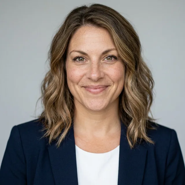 The same woman as a head-and-shoulders headshot in a navy blazer on a light grey backdrop