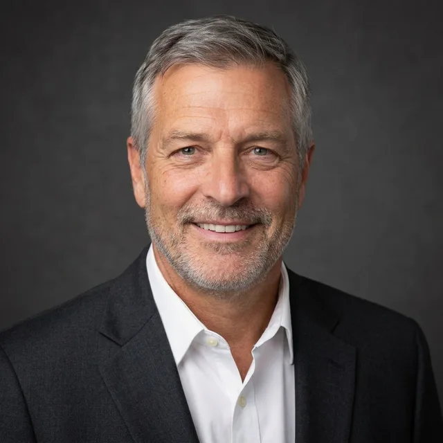 The same grey-haired man in a charcoal jacket and white shirt on a dark grey backdrop, evenly lit