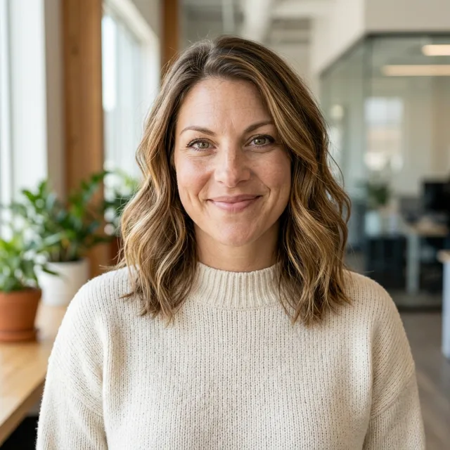 The same woman in a cream sweater in front of a blurred bright office with plants
