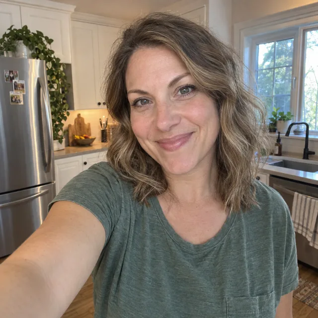 Synthetic source photo: an arm’s-length kitchen selfie of a fictional woman with wavy dark blonde hair in a green t-shirt