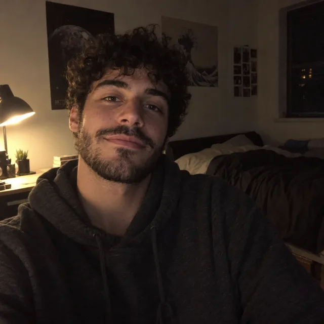 Synthetic source photo: a dark, grainy bedroom selfie of a fictional young man with curly black hair and a beard, lit by a desk lamp