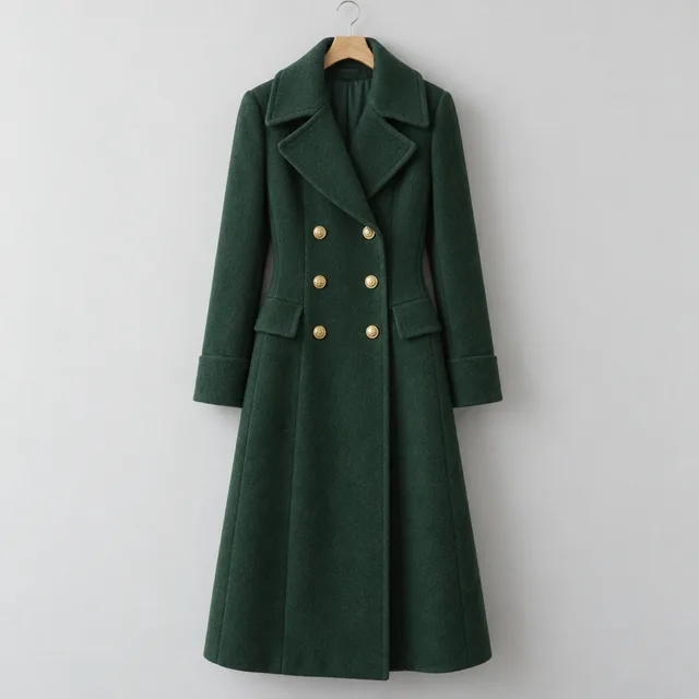 Synthetic product photo: a forest-green double-breasted wool coat with gold buttons on a hanger