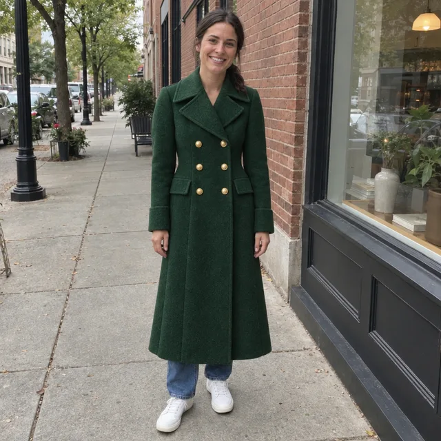 The same woman wearing the green coat, closed