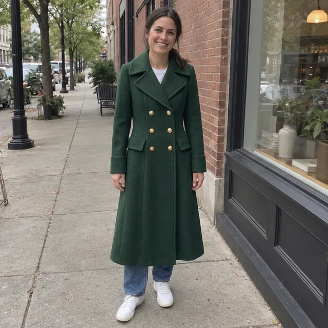 The same woman wearing the green double-breasted coat with gold buttons, closed over a white t-shirt