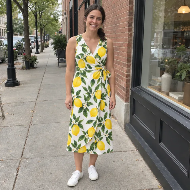 The same woman in the lemon-print wrap dress with the tie at the front
