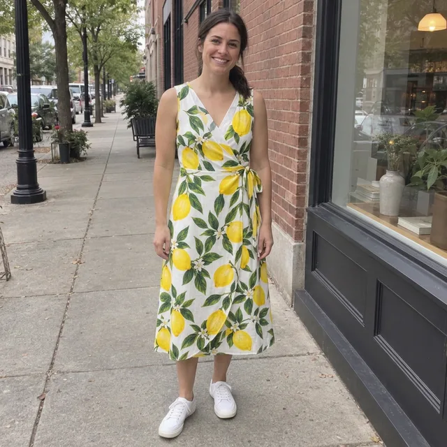 The same woman in the lemon-print wrap dress with a side tie and white sneakers