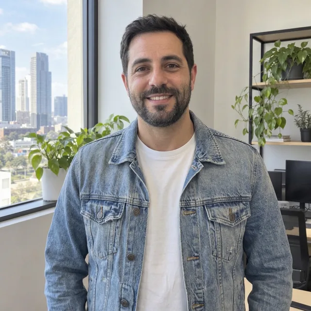The same man in a light blue denim jacket over a white t-shirt