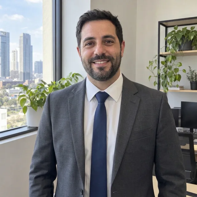 The same bearded man in a charcoal suit, white shirt and dark blue tie