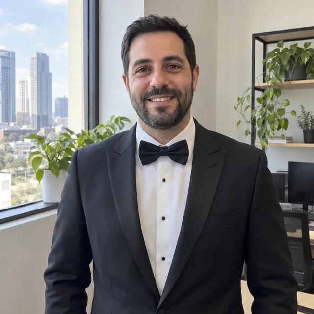 The same man in a black tuxedo with a bow tie
