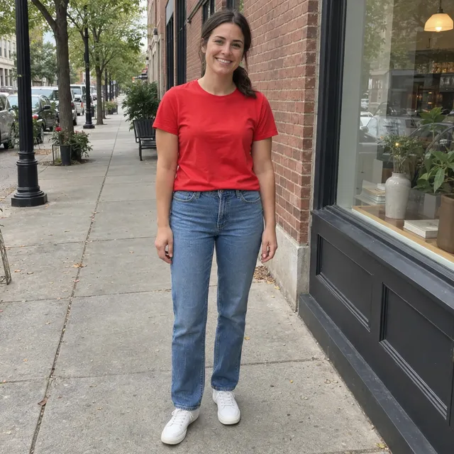 The same woman in a bright red t-shirt, same as the other result