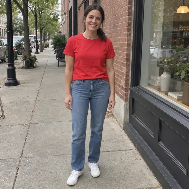 The same woman in a bright red t-shirt with the same jeans and sneakers