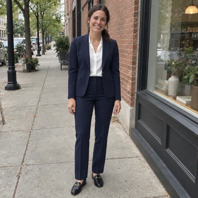 The same woman in a navy suit with gold-buckled loafers