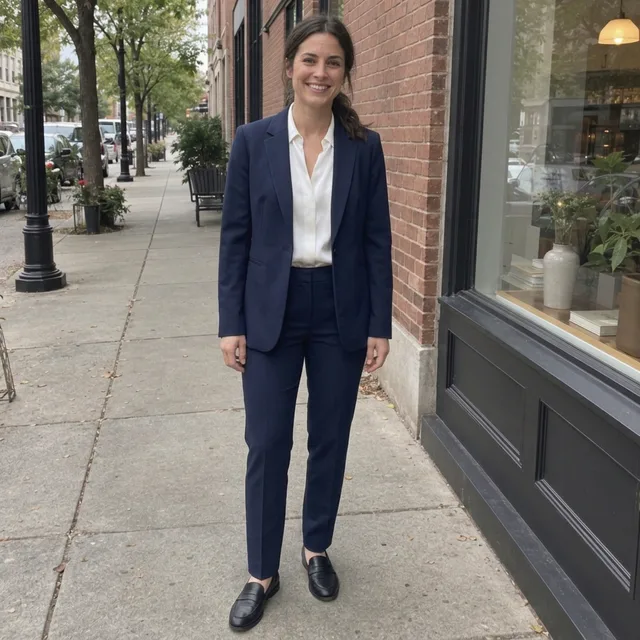 The same woman on the same sidewalk in a navy trouser suit, white blouse and black loafers