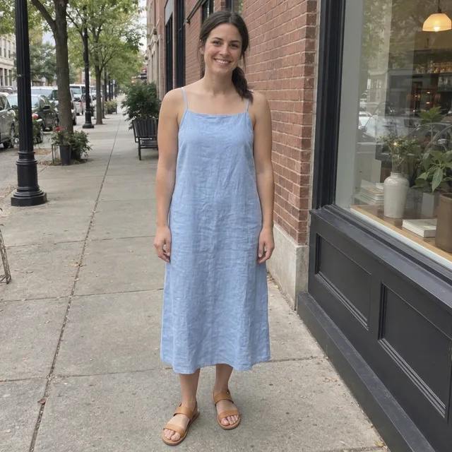 The same woman in a light blue strappy linen sundress and tan sandals