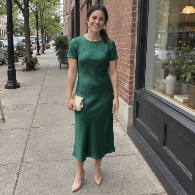 The same woman in an emerald satin midi dress with nude heels and a gold clutch