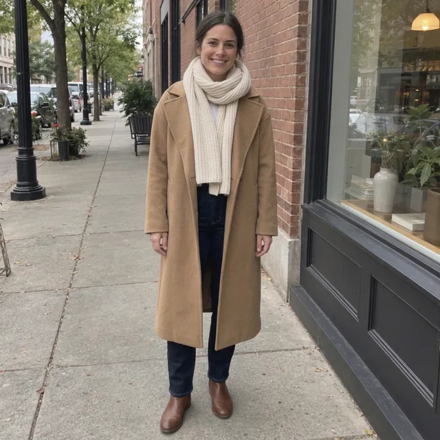The same woman in a long camel coat, cream scarf, dark jeans and brown ankle boots