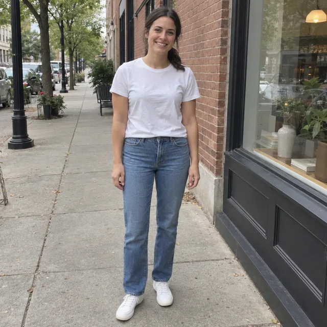 Synthetic source photo: a fictional woman in a white t-shirt, straight blue jeans and white sneakers on a city sidewalk