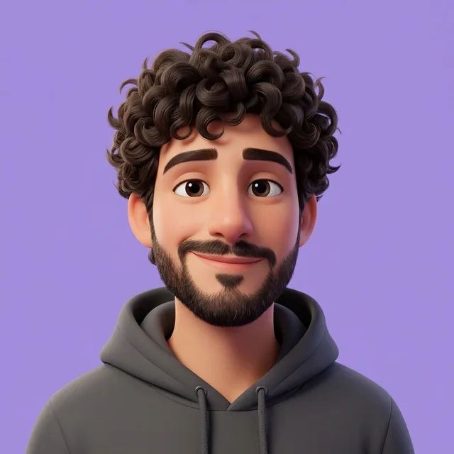 A 3D cartoon avatar of the young man with curly hair and a beard on lavender