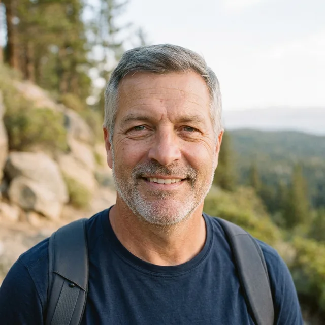 The same grey-haired man in soft afternoon light with the trail blurred behind him, no sunglasses