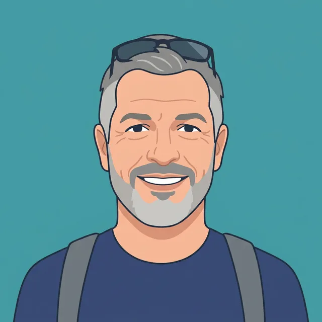 A flat vector avatar of the grey-haired man on teal, sunglasses on his head