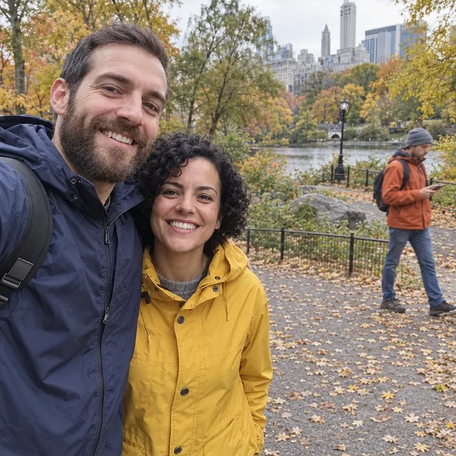 L’homme barbu et la femme en jaune, avec l’inconnu en orange visible derrière eux