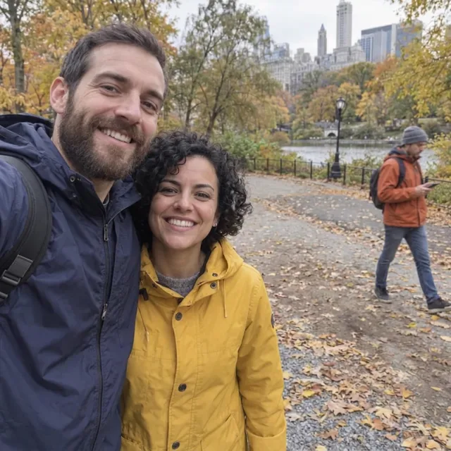L’homme barbu et la femme en jaune, avec l’inconnu en orange maintenant bien visible derrière eux