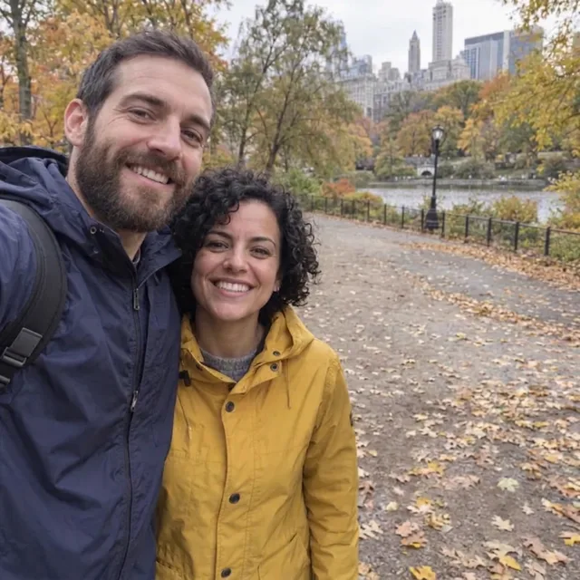 L’homme barbu et la femme en jaune avec l’allée du parc vide derrière eux