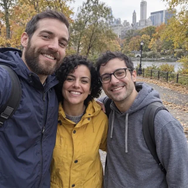 Les trois amis dans le parc avec l’allée vide derrière eux