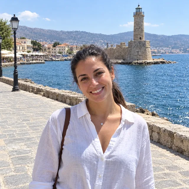 La même femme sur une promenade vide, phare et mur au même endroit