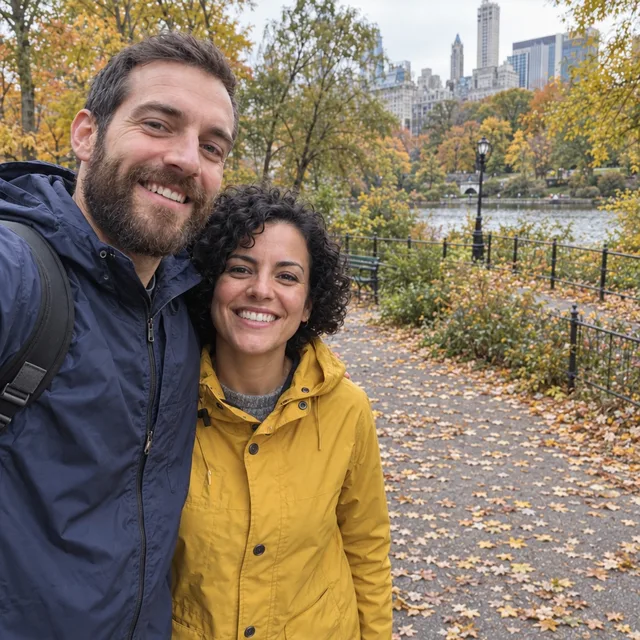 The bearded man and the woman in yellow with an empty path behind them