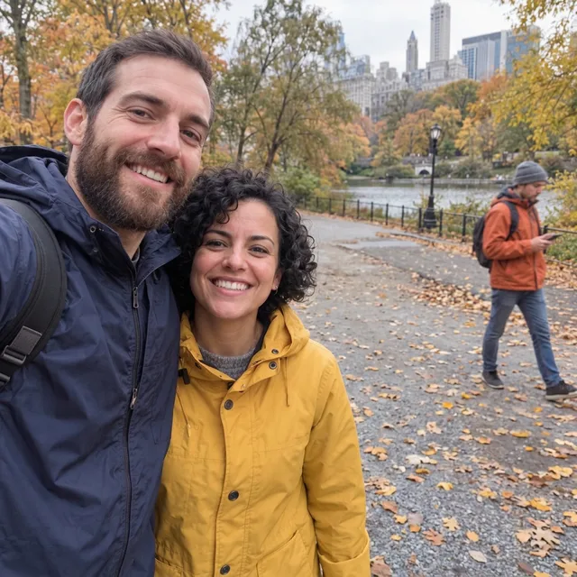 The bearded man and the woman in yellow, with the stranger in orange now fully visible behind them