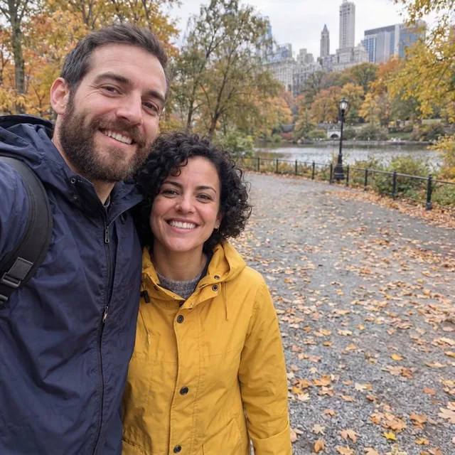 The bearded man and the woman in yellow with an empty park path behind them