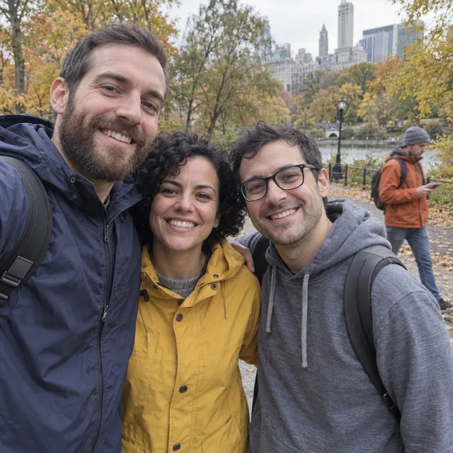 Synthetic source photo: three fictional friends arm in arm in an autumn park, with a stranger in an orange jacket walking behind them