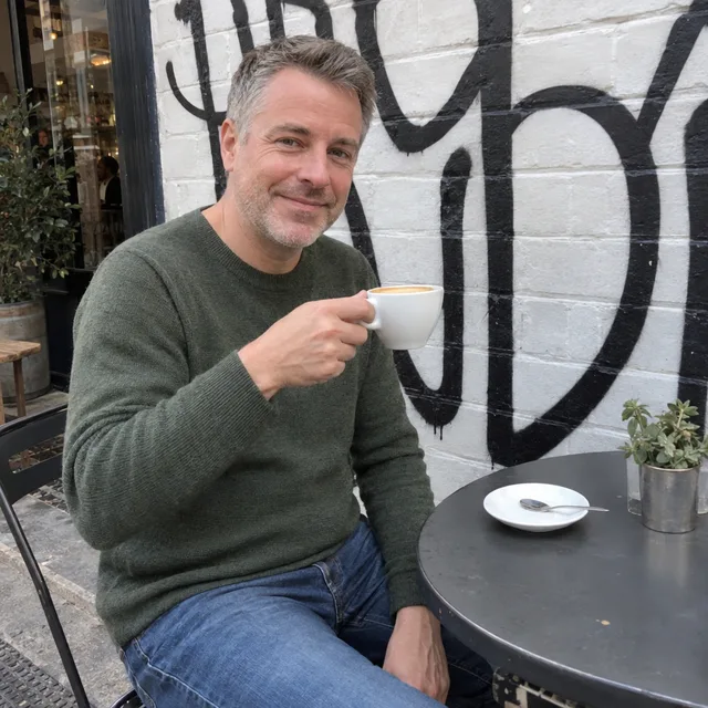 Synthetic source photo: a fictional man with a coffee at a café table in front of a white brick wall covered in black graffiti