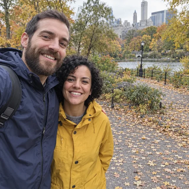 L’uomo con la barba e la donna in giallo con il vialetto vuoto dietro di loro