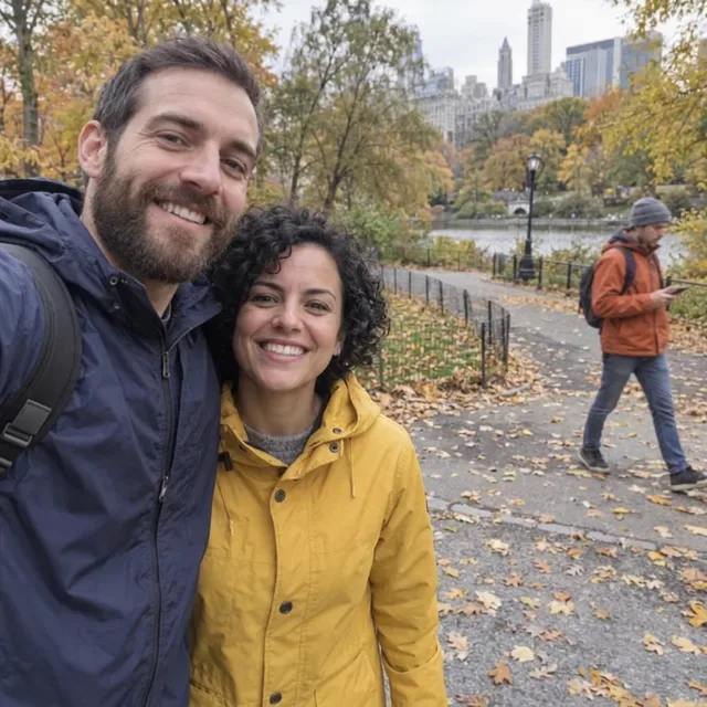 L’uomo con la barba e la donna in giallo, con lo sconosciuto in arancione ora ben visibile dietro di loro