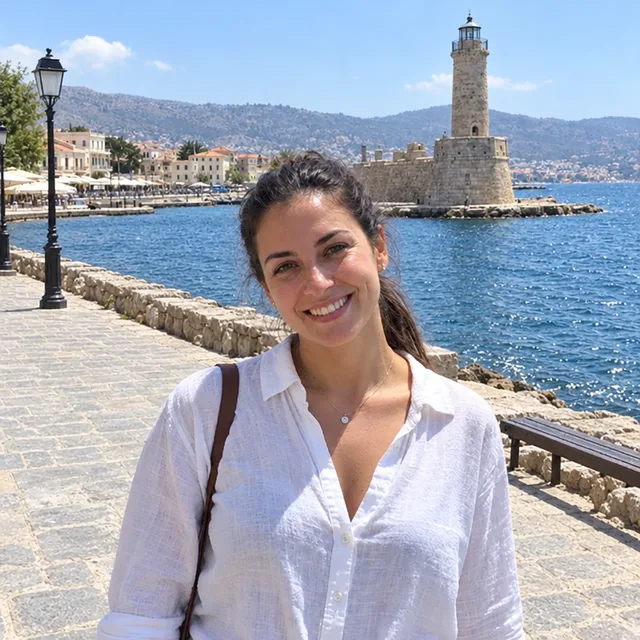 La stessa donna su un lungomare vuoto, con faro e muro sul mare al loro posto